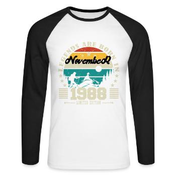 Novembre 1988. Cadeau anniversaire novembre 1988. - T-shirt baseball manches longues Homme - blanc/noir - Devant - Nik (191cm)