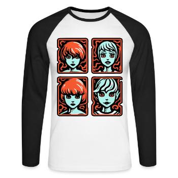 Cartoon Manga Anime Girl: 4 Portraits - Unisex Long Sleeve Baseball T-Shirt - white/black - Front - Nik (191cm)