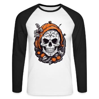 Crâne de citrouille Halloween Octobre Fun - T-shirt baseball manches longues Homme - blanc/noir - Devant - Nik (191cm)