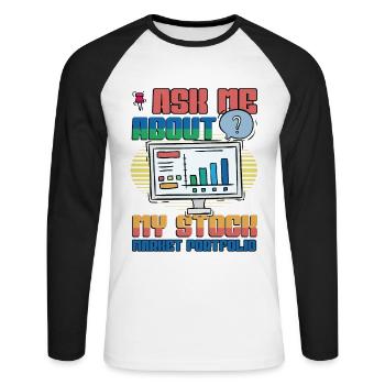 Posez-moi des questions sur mon portefeuille boursier - T-shirt baseball manches longues Homme - blanc/noir - Devant - Nik (191cm)