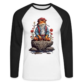 Zen Frosch Spirituelle Meditation und Japan Yoga - Unisex Baseballshirt langarm - Weiß/Schwarz - Vorne - Nik (191cm)