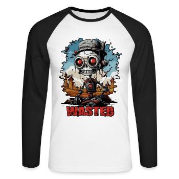 Desert dystopia and a cartoon robot - Unisex Long Sleeve Baseball T-Shirt - white/black - Front - Nik (191cm)