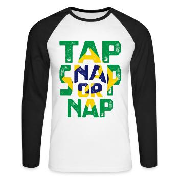 Appuyez sur Snap Or Nap (Accrocher ou faire la sieste) - T-shirt baseball manches longues Homme - blanc/noir - Devant - Nik (191cm)