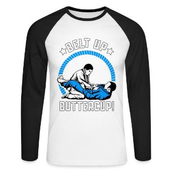 Belt Up Buttercup Brazilian Jiu-Jitsu - Unisex Long Sleeve Baseball T-Shirt - white/black - Front - Nik (191cm)