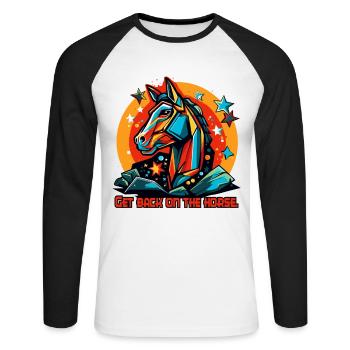 De retour en selle, de retour sur le cheval - T-shirt baseball manches longues Homme - blanc/noir - Devant - Nik (191cm)