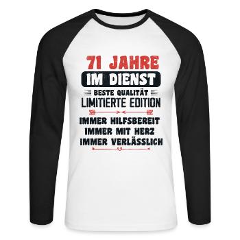71 Jahre im Dienst 71 Jähriges Dienstjubiläum - Unisex Baseballshirt langarm - Weiß/Schwarz - Vorne - Nik (191cm)
