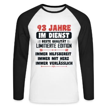 93 Jahre im Dienst 93 Jähriges Dienstjubiläum - Unisex Baseballshirt langarm - Weiß/Schwarz - Vorne - Nik (191cm)