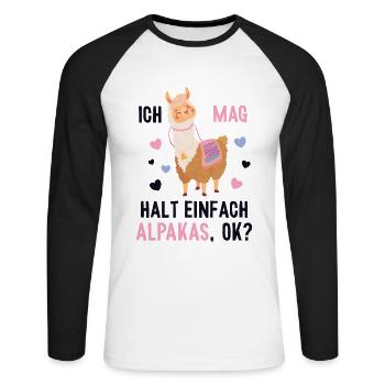 Ich mag einfach Alpakas Pako Lama Huacaya Alpaca - Unisex Baseballshirt langarm - Weiß/Schwarz - Vorne - Nik (191cm)