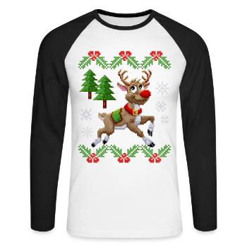 Pixel renne, pull moche, Noël pixel art - T-shirt baseball manches longues Homme - blanc/noir - Devant - Nik (191cm)