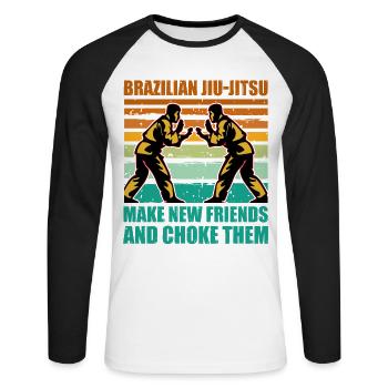 Brazilian Jiu-Jitsu make new friends and choke - Unisex Baseballshirt langarm - Weiß/Schwarz - Vorne - Nik (191cm)
