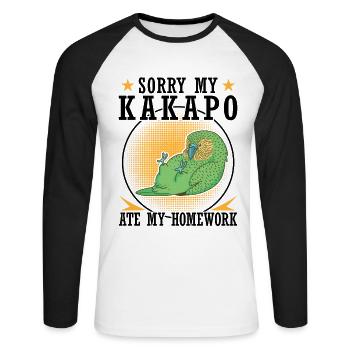 Kakapo has eaten homework parrot - Unisex Long Sleeve Baseball T-Shirt - white/black - Front - Nik (191cm)