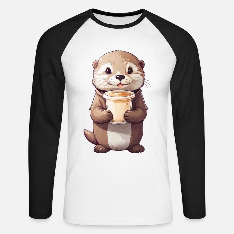 Otter Kaffeezeit Süßes Kaffee Tierdesign - Unisex Baseballshirt langarm - Weiß/Schwarz