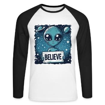 Lustiges Außerirdischer Alien Believe - Unisex Baseballshirt langarm - Weiß/Schwarz - Vorne - Nik (191cm)