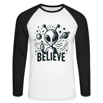 Lustiges Außerirdischer Alien Believe - Unisex Baseballshirt langarm - Weiß/Schwarz - Vorne - Nik (191cm)