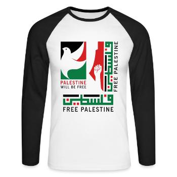 Free Palestine - will be free - Unisex Baseballshirt langarm - Weiß/Schwarz - Vorne - Nik (191cm)
