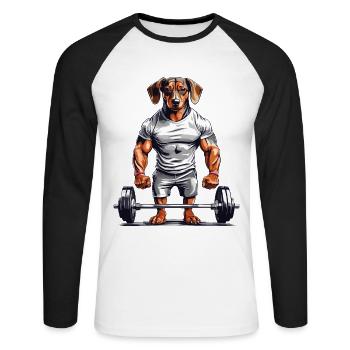 Muscle teckel bodybuilder chien amour chien design - T-shirt baseball manches longues Homme - blanc/noir - Devant - Nik (191cm)