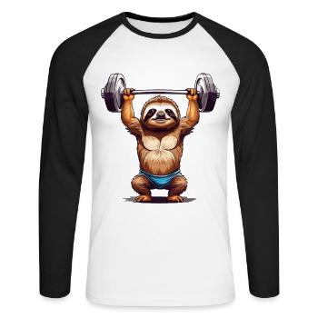 Sloth Bodybuilder Fitness Fun Design - Unisex Long Sleeve Baseball T-Shirt - white/black - Front - Nik (191cm)