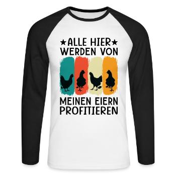 Profitiere Von Meinen Eiern - Lustiger Huhn Spruch - Unisex Baseballshirt langarm - Weiß/Schwarz - Vorne - Nik (191cm)