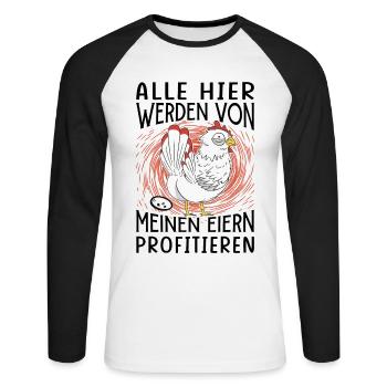 Profitiere Von Meinen Eiern - Lustiger Huhn Spruch - Unisex Baseballshirt langarm - Weiß/Schwarz - Vorne - Nik (191cm)