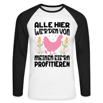Profitiere Von Meinen Eiern - Lustiger Huhn Spruch - Unisex Baseballshirt langarm - Weiß/Schwarz - Vorne - Nik (191cm)