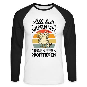 Profitiere Von Meinen Eiern - Lustiger Huhn Spruch - Unisex Baseballshirt langarm - Weiß/Schwarz - Vorne - Nik (191cm)