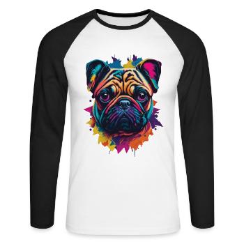 Popart Mops Hund Ästhetische Hundeillustration - Unisex Baseballshirt langarm - Weiß/Schwarz - Vorne - Nik (191cm)
