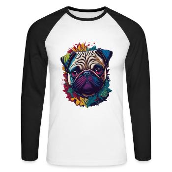 Farbenfrohes Mops Hund Kunstwerk - Unisex Baseballshirt langarm - Weiß/Schwarz - Vorne - Nik (191cm)