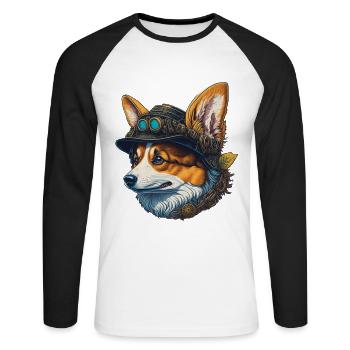 Viktorianischer Steampunk Corgi Hund Design - Unisex Baseballshirt langarm - Weiß/Schwarz - Vorne - Nik (191cm)