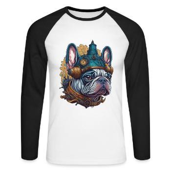 Bouledogue Français dans le Style Steampunk - T-shirt baseball manches longues Homme - blanc/noir - Devant - Nik (191cm)