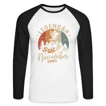Legendär Seit November 1961 - 1961 - Unisex Baseballshirt langarm - Weiß/Schwarz - Vorne - Nik (191cm)