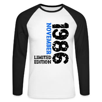 1986 November Limited Edition 37th Birthday Decoration - Unisex Long Sleeve Baseball T-Shirt - white/black - Front - Nik (191cm)