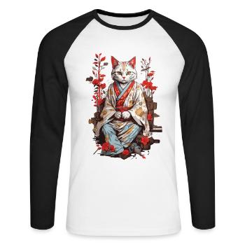 Japanische Kimono Katze Ukiyo-E Katzen Design - Unisex Baseballshirt langarm - Weiß/Schwarz - Vorne - Nik (191cm)