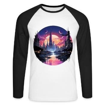 Paysage urbain cyberpunk futuriste, style synthwave - T-shirt baseball manches longues Homme - blanc/noir - Devant - Nik (191cm)
