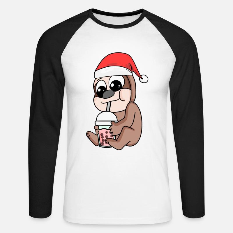 Sloth Christmas Bubble Tea - Unisex Long Sleeve Baseball T-Shirt - white/black