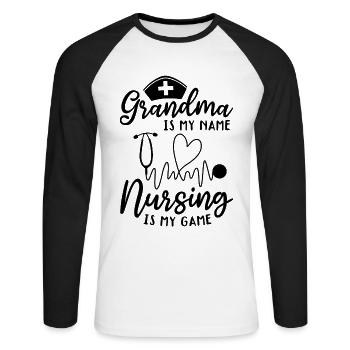 Grand-mère, c’est mon nom, les soins infirmiers, c’est mon jeu - T-shirt baseball manches longues Homme - blanc/noir - Devant - Nik (191cm)