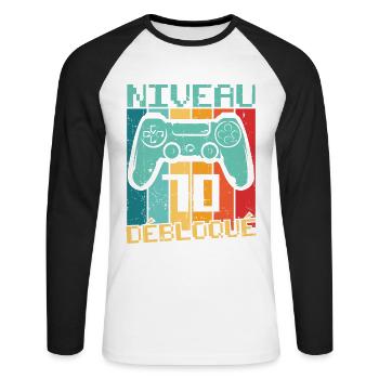 Niveau 70 débloqué Cadeau 70 ans Anniversaire - T-shirt baseball manches longues Homme - blanc/noir - Devant - Nik (191cm)