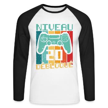 Niveau 20 débloqué Cadeau 20 ans Anniversaire - T-shirt baseball manches longues Homme - blanc/noir - Devant - Nik (191cm)