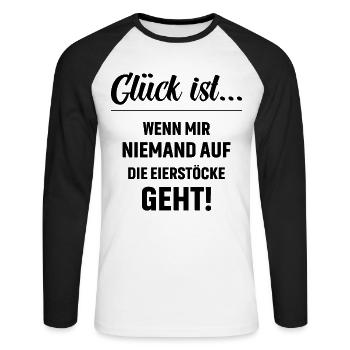 Glück ist wenn mir niemand auf die Eierstöcke geht - Unisex Baseballshirt langarm - Weiß/Schwarz - Vorne - Nik (191cm)