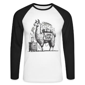 Lama on Tour: Abenteuerlustig unterwegs - Unisex Baseballshirt langarm - Weiß/Schwarz - Vorne - Nik (191cm)