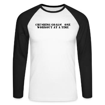 Fitness - Des objectifs ambitieux, un entraînement à la fois - T-shirt baseball manches longues Homme - blanc/noir - Devant - Nik (191cm)