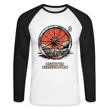 Ready to settle down: Settlers' Wagon Wheel - Unisex Long Sleeve Baseball T-Shirt - white/black - Front - Nik (191cm)