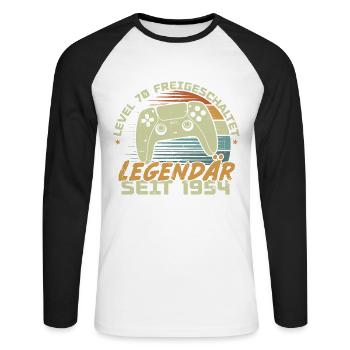 Level 70 freigeschaltet 1954, Geburtstagsgeschenk - Unisex Baseballshirt langarm - Weiß/Schwarz - Vorne - Nik (191cm)