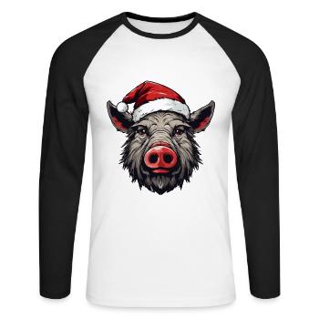 Portrait de Noël tête de sanglier - T-shirt baseball manches longues Homme - blanc/noir - Devant - Nik (191cm)