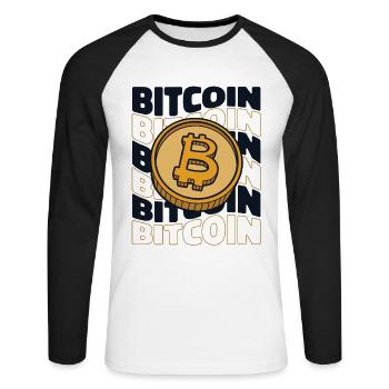 Bitcoin Text Crypto Kryptowährung Blockchain - Unisex Baseballshirt langarm - Weiß/Schwarz - Vorne - Nik (191cm)