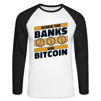 Les banques utilisent Bitcoin Crypto Crypto Crypto - T-shirt baseball manches longues Homme - blanc/noir - Devant - Nik (191cm)