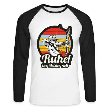 Ruhe! Der Meister zielt! Bogenschießen Bogensport - Unisex Baseballshirt langarm - Weiß/Schwarz - Vorne - Nik (191cm)