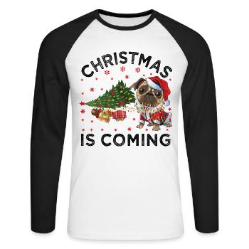 Noël arrive version chien - T-shirt baseball manches longues Homme - blanc/noir - Devant - Nik (191cm)