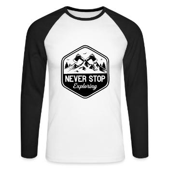 Never Stop Exploring - Outdoor Traveling Hiking - Unisex Long Sleeve Baseball T-Shirt - white/black - Front - Nik (191cm)