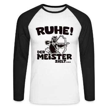 Ruhe! Der Meister zielt! Bogenschießen Bogensport - Unisex Baseballshirt langarm - Weiß/Schwarz - Vorne - Nik (191cm)