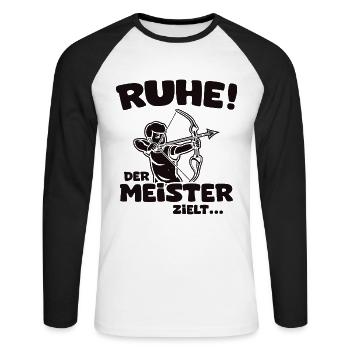 Ruhe! Der Meister zielt! Bogenschießen Bogensport - Unisex Baseballshirt langarm - Weiß/Schwarz - Vorne - Nik (191cm)
